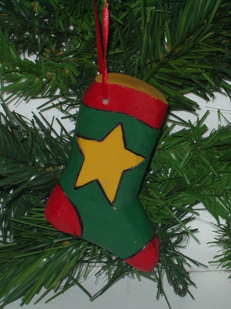 Hand Carved Christmas Ornament Christmas Sock with Star Etsy