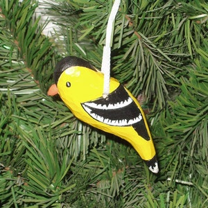 Hand Carved Christmas Ornament - Christmas Finch Ornament - Yellow Finch Ornament - Wood Finch Ornament - Wood Bird Ornament