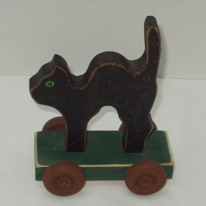 手作りの木製猫のカート - 農場の猫のカート - ハロウィーンの猫のカート - 原始的な猫のカート - 車輪の上の猫