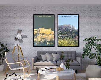 アクロポリス・アテネの壁掛けアート2枚セット、昼と夜のパルテノン神殿のプリント、ギリシャ旅行写真、ギリシャ風インテリア、デジタルダウンロード