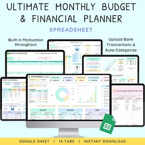 Könnte beinhalten: Ein digitaler Finanzplaner, der auf mehreren Bildschirmen angezeigt wird, darunter ein Computermonitor und Tablets. Die Bildschirme zeigen Budget-Tabellen mit Diagrammen und Tabellen. Der Text auf dem Bild lautet "ULTIMATE MONTHLY BUDGET & FINANCIAL PLANNER SPREADSHEET".