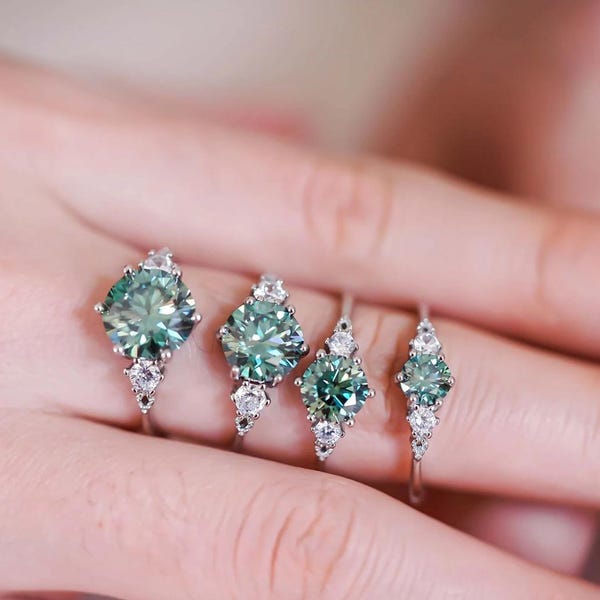 Green Moissanite Three Stone Ring, Vintage Inspired, Round Cut, Sterling Silver/Gold