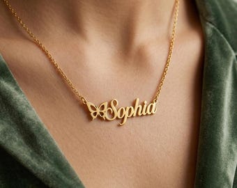 Benutzerdefinierte Namenskette mit Schmetterling Akzent, personalisierte Edelstahl Schmuck, 14K Gold Namenskette, Geschenk für sie, Halskette für sie