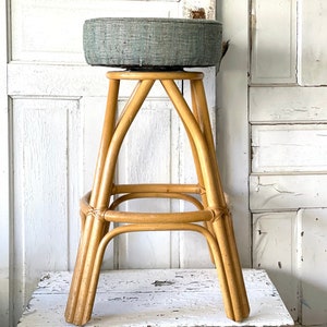 Midcentury Tiki Bar Stool Barstool Kitchen Bamboo Rattan Stool Round Tweed Fabric Seat Bar Stool