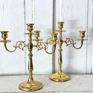 Vintage Brass Candelabra Candlestick Triple Arm Brass Candle Holder Pair