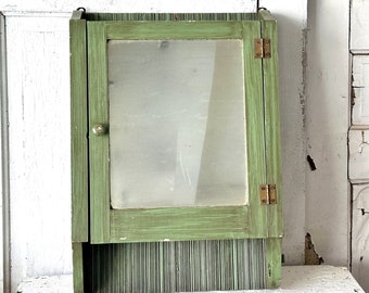 Vintage Medicine Cabinet Chippy Antiqued Green Wood Mirror Bath