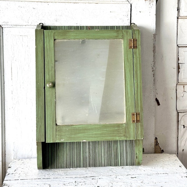 Vintage Medicine Cabinet Chippy Antiqued Green Wood Mirror Bath