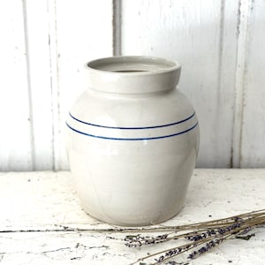 Vintage Blue Striped Stoneware Crock Blue and Cream White Modern Farmhouse