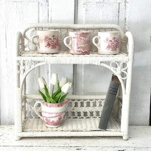 Vintage White Wicker Shelf Standing or Hanging Boho Decor Modern Farmhouse