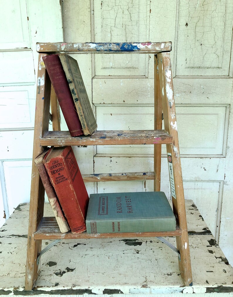 Vintage Wood Ladder Spattered Paint Wooden Step Ladder Side TableShelf