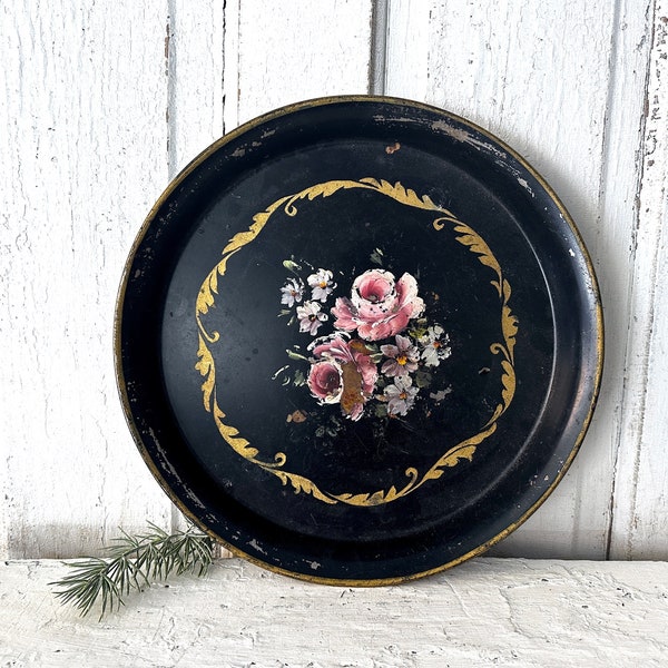 Vintage Tole Tray Serving Tray Hand Painted Black Wall Decor