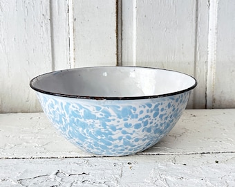 Vintage Enamel Bowl Blue and White Swirl French Cottage Farmhouse