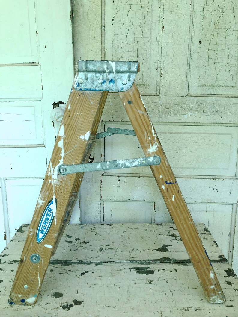 Vintage Wood Ladder Spattered Paint Wooden Step Ladder Side TableShelf
