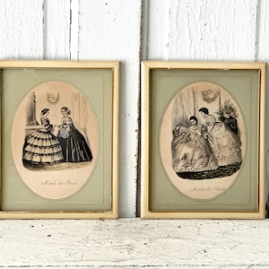 Antique Ladies Framed Print Wooden Frame Pair