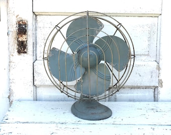 Vintage Fan Cast Iron Base Blue Gray Large Industrial Metal Display