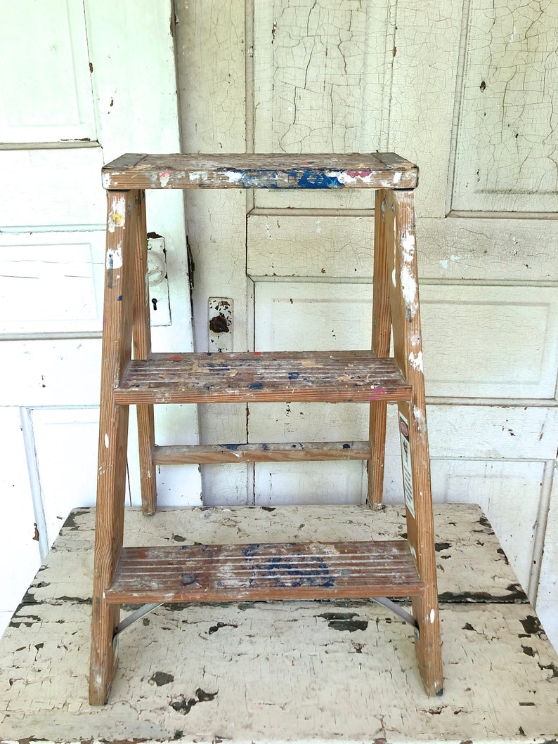 Vintage Wood Ladder Spattered Paint Wooden Step Ladder Side TableShelf