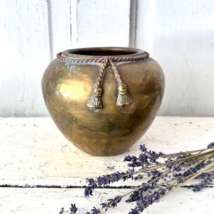 Vintage Brass Planter Rope Tassel Brass Planter Aged Patina