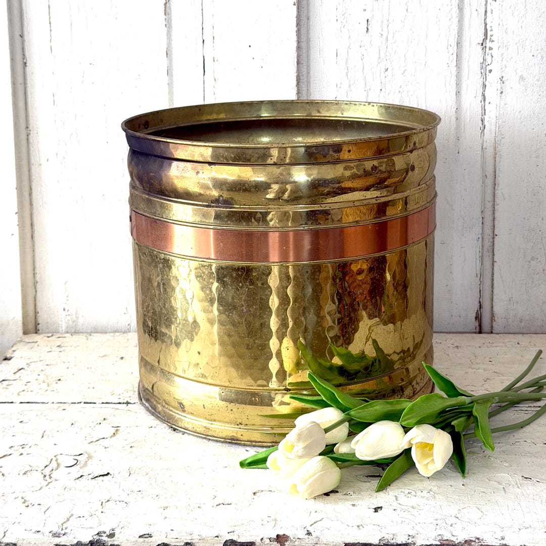 Vintage Large Hammered Brass Planter With Copper Band Aged Patina - Etsy