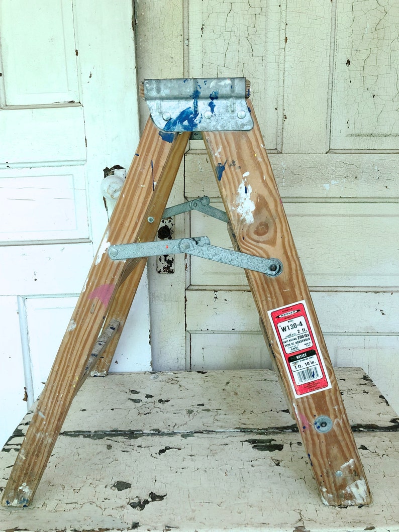 Vintage Wood Ladder Spattered Paint Wooden Step Ladder Side TableShelf