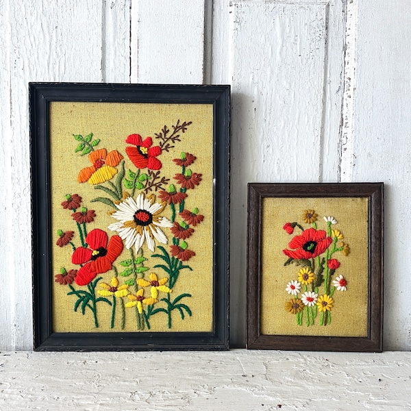 Vintage Floral Embroidery Framed Wall Hanging