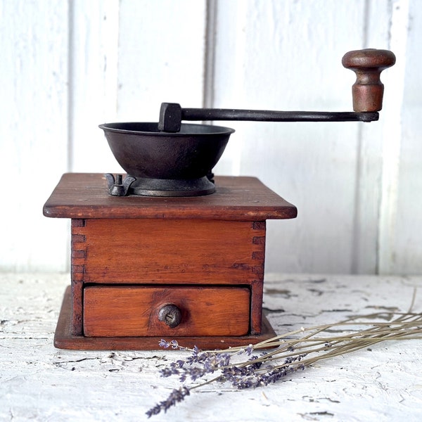 Vintage Coffee Grinder Primitive Wood Rustic Cast Iron Farmhouse Decor