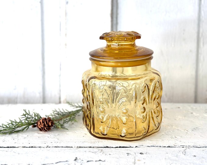 Vintage Amber Gold Glass Canister Federal Glass Show off Jar/canister