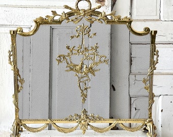 Vintage Brass Fireplace Screen Louis XVI Style French Ornate Hollywood Regency