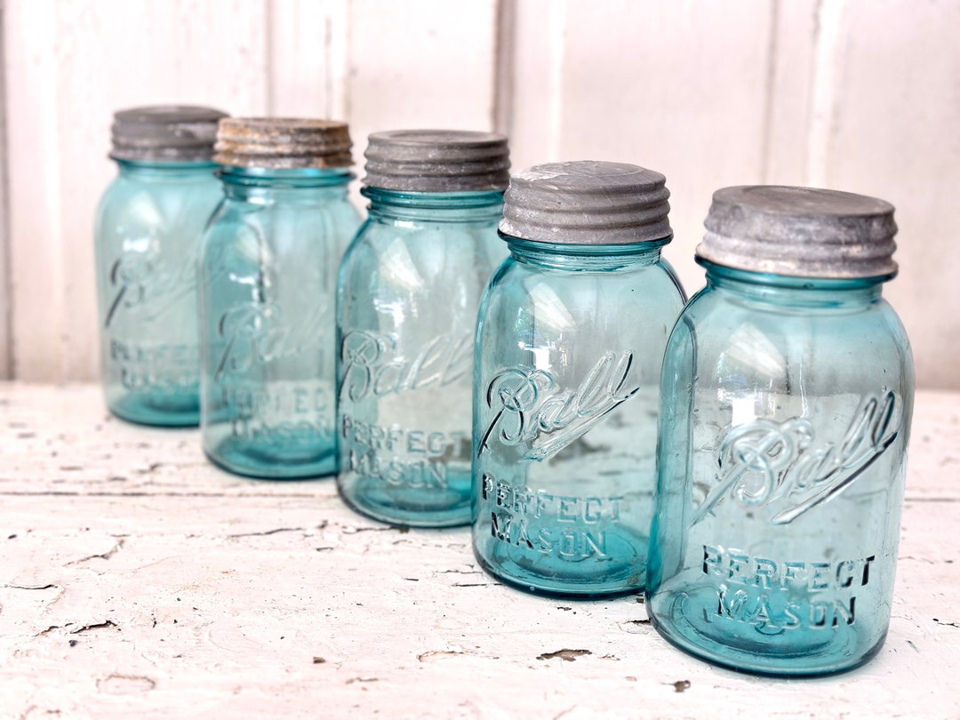 Vintage Blue Glass Mason Jar Ball Jar Perfect Mason With Zinc Lid Etsy