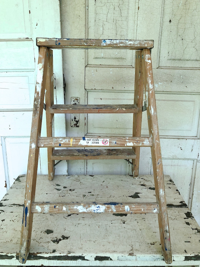 Vintage Wood Ladder Spattered Paint Wooden Step Ladder Side TableShelf