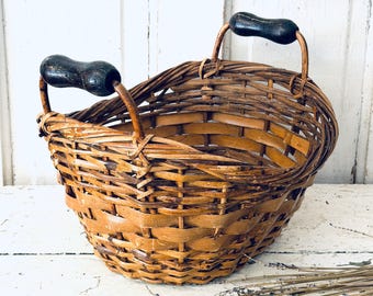 Vintage Woven Basket with Handles Gathering Basket
