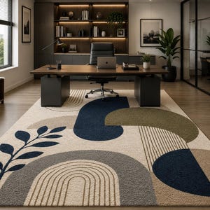 Hand Tufted Modern Abstract Geometric Area Rug | Beige Navy Blue Boho Carpet  Contemporary Minimalist Living Room Rug