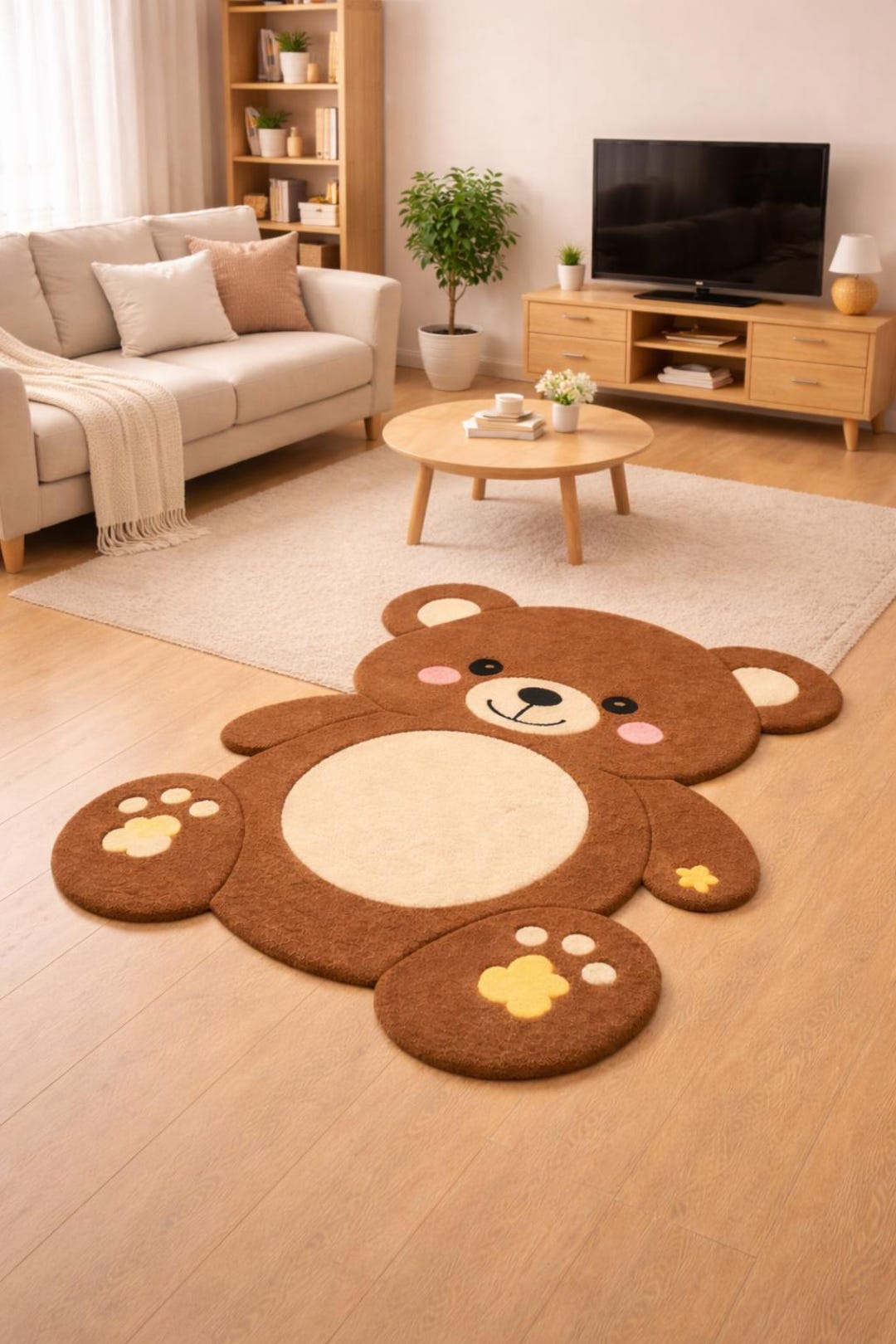 Hand Tufted Cute Teddy Bear Shape Kids Carpet | Soft Plush Cartoon Rug ...