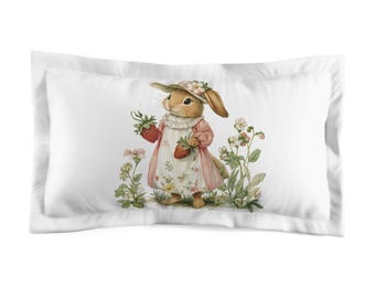 Vintage Bunny Girl Strawberry Pillow Sham | Cottagecore Easter Spring Decor