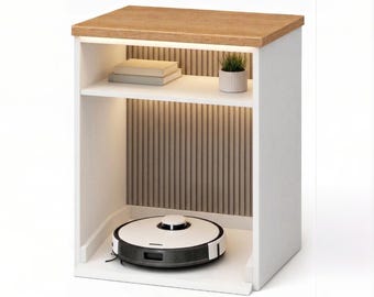 Smart Robot Vacuum Garage & Side Table - Modern Hidden Docking Station with LED Lighting