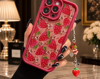 Funda para teléfono con colgante de flor de fresa, funda de silicona con cadena estilo Kawaii.