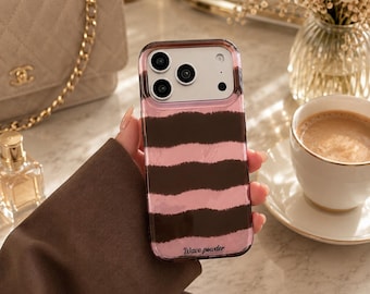 Funda para iPhone con rayas onduladas en rosa claro y marrón, diseño retro de ondas. Funda protectora suave.
