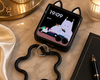 Funda para teléfono Samsung Z Flip 5-7 con orejas de oso 3D – Funda antigolpes con correa de mano