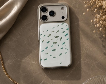 Funda para iPhone con diseño de banco de peces, borde plateado, resistente a golpes y con acabado de pegamento antigoteo.