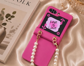 Funda para teléfono con pulsera de perlas para Samsung Galaxy Z Flip / Funda abatible a prueba de golpes, moda coreana