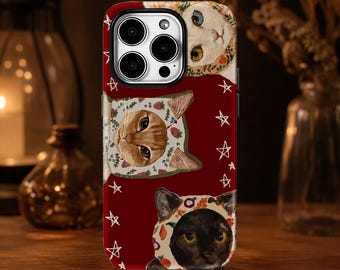 Funda para iPhone con gorros de gatos caprichosos, funda estilo cottagecore con gatitos vintage, protección a prueba de golpes.
