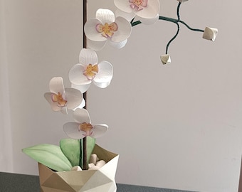 Orchidée en papier botanique dans un pot origami | Artisanat durable, plante artificielle réaliste, décoration botanique pour événements