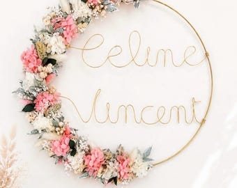 Personalized boho dried flower wreath, wedding gift, name wall decoration, baby shower gift, rustic wedding decor
