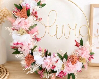 Personlig Boho väggkrans med torkade blommor – Namnväggdekoration – Present till mamma – Mors dag – Konserverade blommor