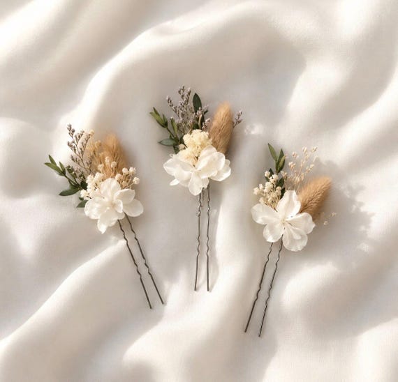Accessoires cheveux, pince à chignon de fleurs séchées - mariage bohème personnalisable  – coiffure mariage champêtre – fleurs stabilisé