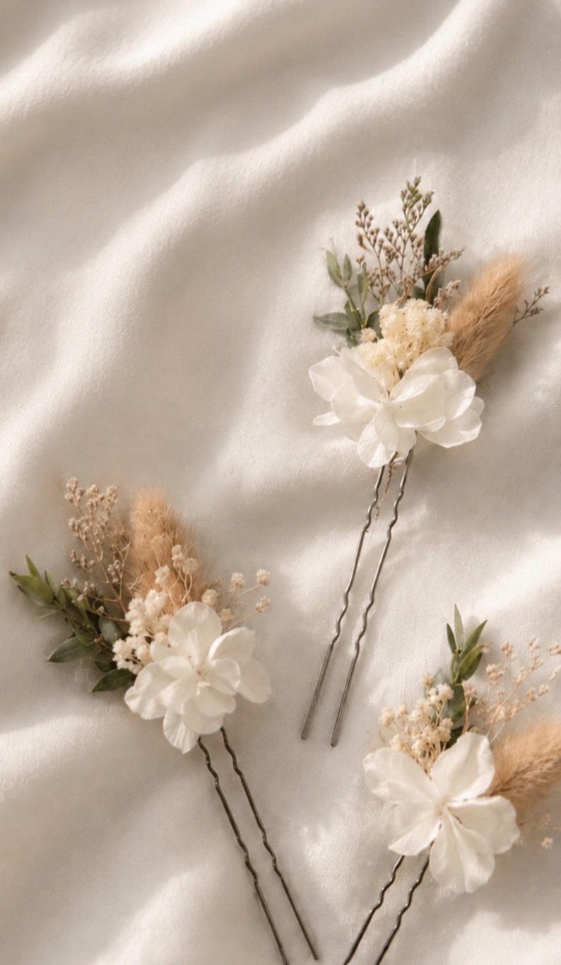 Håraccessoarer, hårspänne med torkade blommor - anpassningsbart boho-bröllop - rustik bröllopsfrisyr - konserverade blommor bild 6