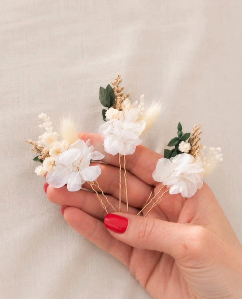 Håraccessoarer, hårspänne med torkade blommor - anpassningsbart boho-bröllop - rustik bröllopsfrisyr - konserverade blommor bild 4