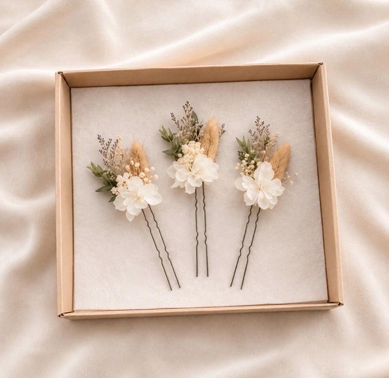 Håraccessoarer, hårspänne med torkade blommor - anpassningsbart boho-bröllop - rustik bröllopsfrisyr - konserverade blommor bild 3