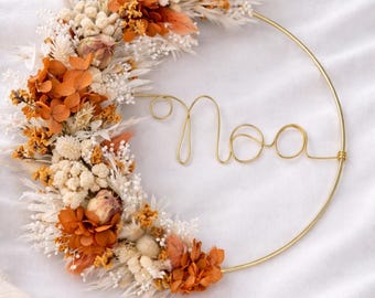 Corona bohemia personalizada de flores secas – decoración de pared con nombre – regalo para baby shower – decoración rústica para bodas – flores preservadas