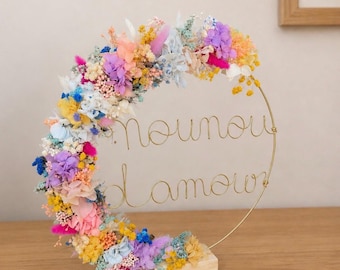 Personlig torkad blomnamnskrans, babyshowerpresent, barnkammardekoration, bröllop, babynamnskrans, barnkammardekor