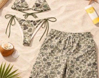 Matching Gray Camo Couples Swimwear, Triangle String Bikini & Men’s Beach Shorts Set, His and Hers Vacation Swimsuit, Beach Gift for Couple